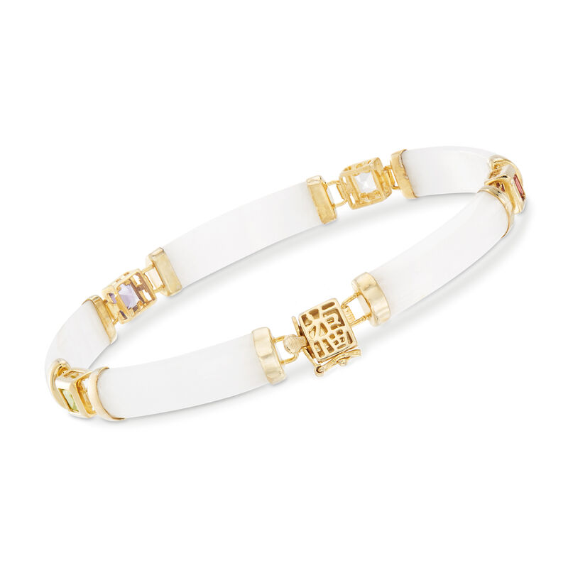 White Jade and 1.40 ct. t.w. Multi-Gemstone &quot;Good Fortune&quot; Bracelet in 18kt Gold Over Sterling image number 4