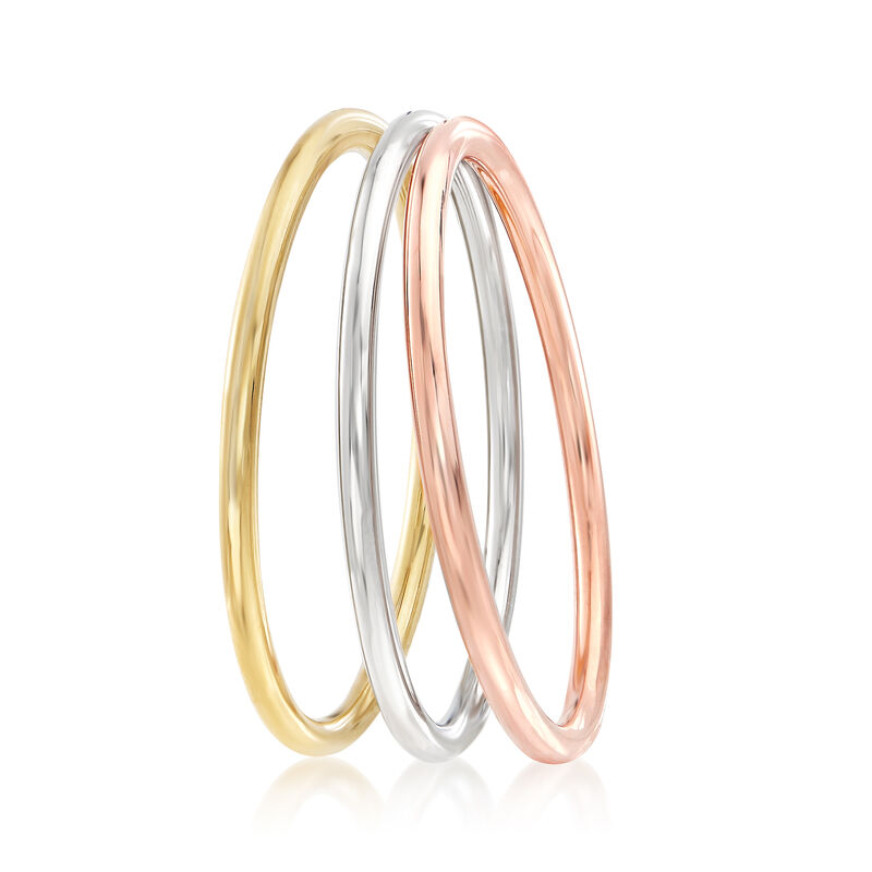 Italian Andiamo 14kt Tri-Colored Gold Jewelry Set: Three Polished Bangle Bracelets. 7.5&quot; image number 2