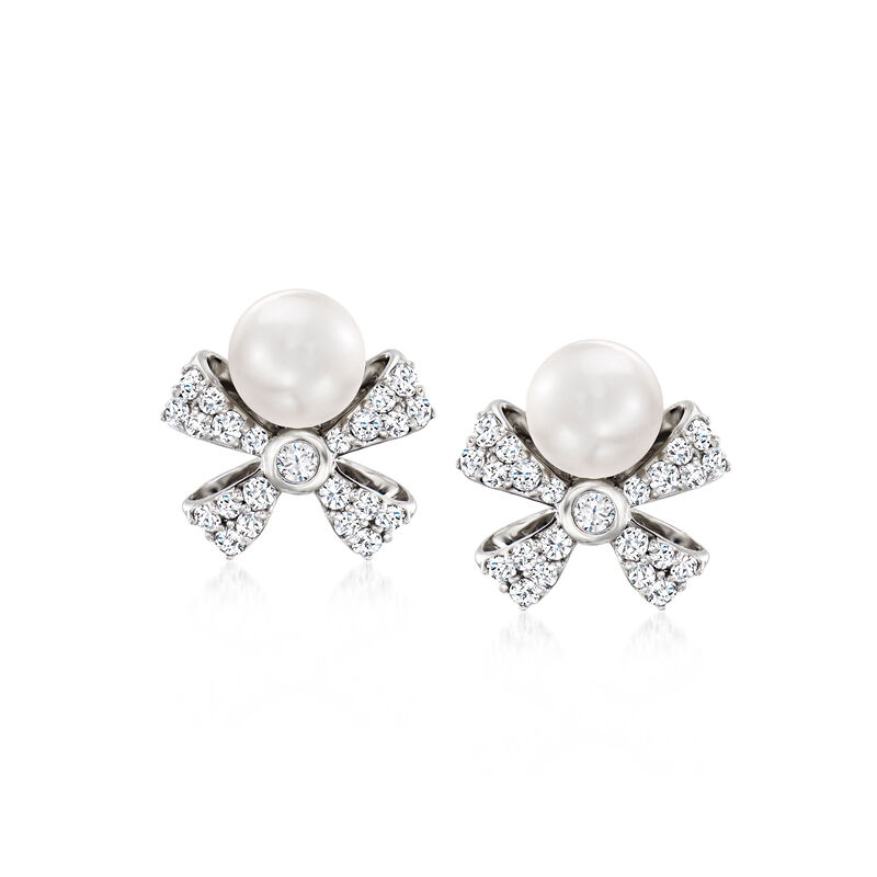 5mm Cultured Pearl and .25 ct. t.w. Diamond Bow Earrings in Sterling Silver  image number 0
