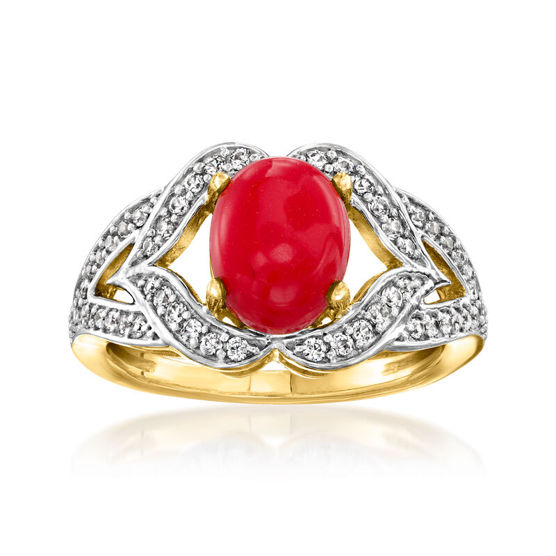 Red Coral and .40 ct. t.w. White Zircon Ring in 18kt Gold Over Sterling image number 0