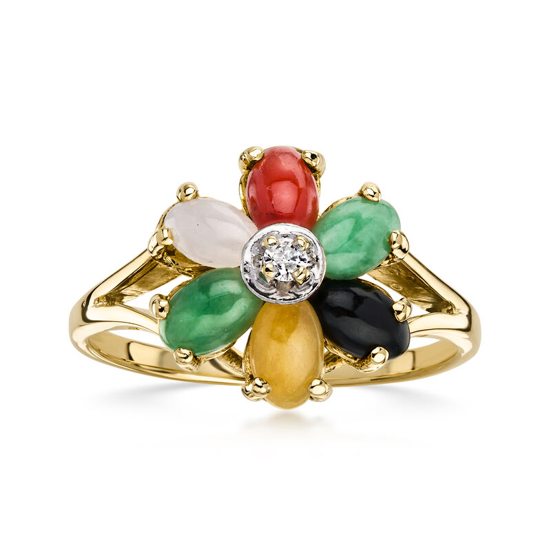 C. 1980 Vintage Multicolored Jade Flower Ring with Single Diamond in 14kt Yellow Gold. Size 5.5 image number 0