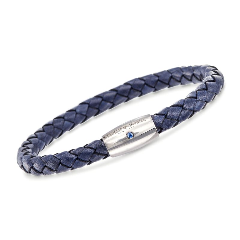 Phillip Gavriel Men's Blue Leather Bracelet with Single Sapphire in Sterling Silver. 8&quot; image number 0