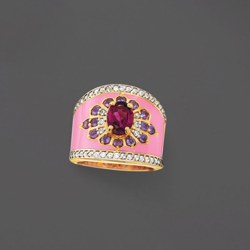 2.20 ct. t.w. Multi-Gemstone Flower Ring with Pink Enamel in 18kt Gold Over Sterling image number 4