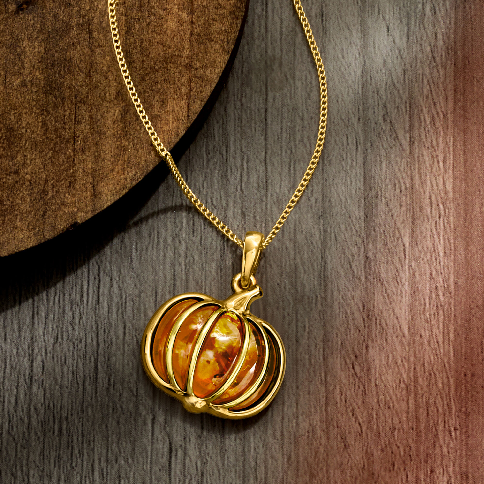 Amber Pumpkin Pendant Necklace in 18kt Gold Over Sterling