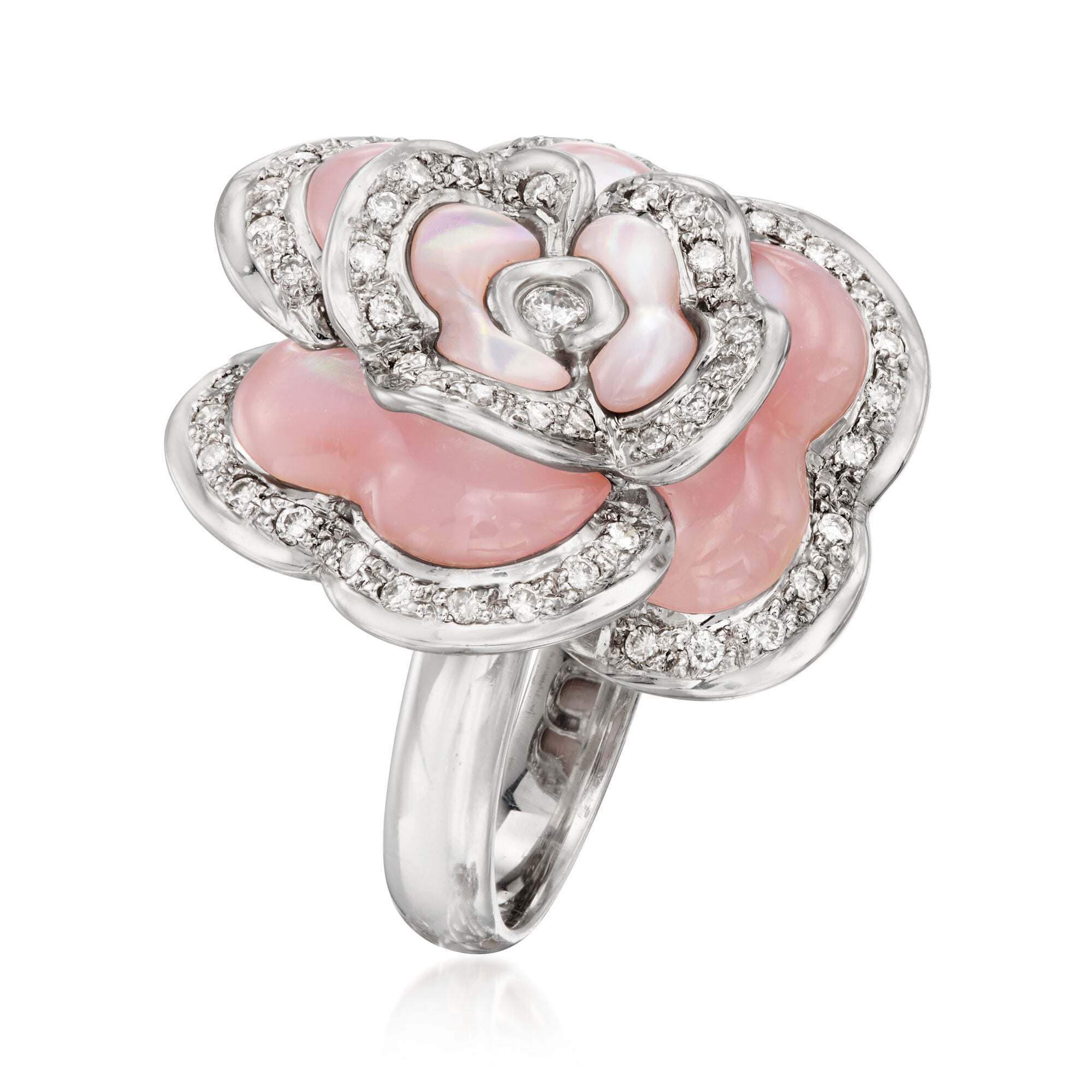 C. 1980 Vintage Pink Agate and Mother-of-Pearl Flower Ring with