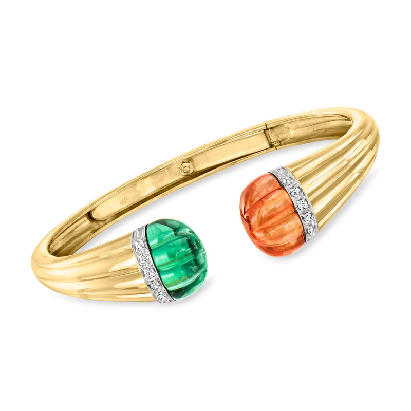 C. 1990 Vintage Simulated Pink and Green Tourmaline Cuff Bracelet with .25 ct. t.w. Diamonds in 18kt Yellow Gold. 7&quot; image number 0