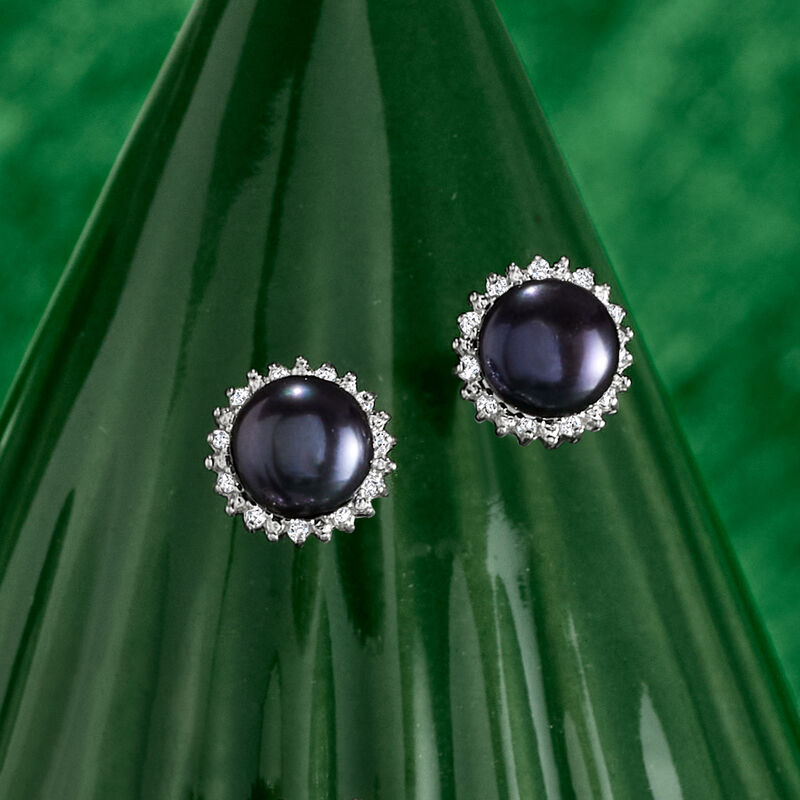 7-7.5mm Cultured Button Pearl and .13 ct. t.w. Diamond Stud Earrings in Sterling Silver image number 2