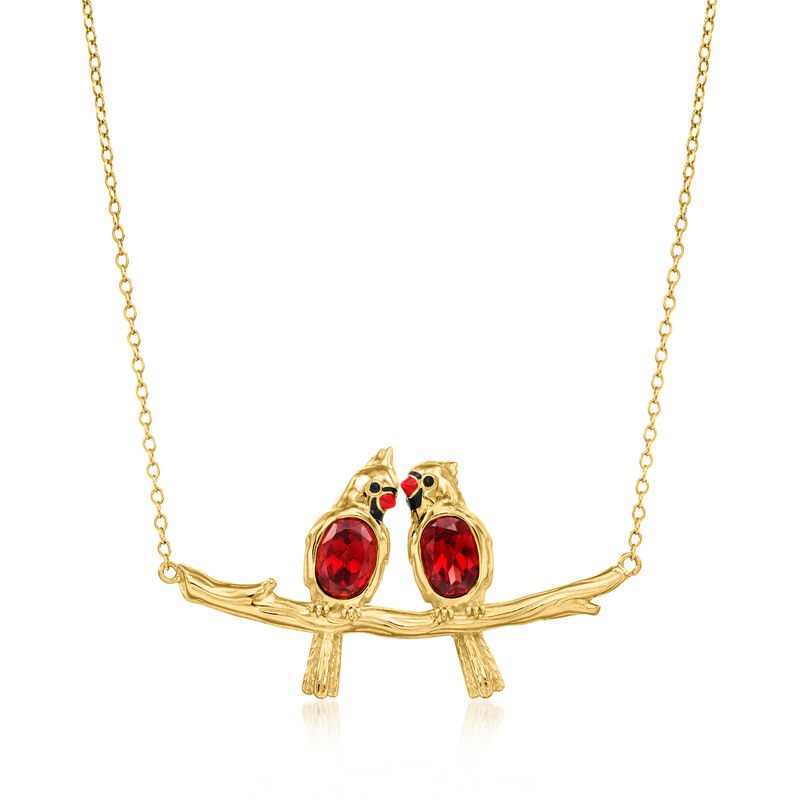 1.40 ct. t.w. Garnet Cardinals on Branch Necklace with Multicolored Enamel in 18kt Gold Over Sterling. 18&quot; image number 1