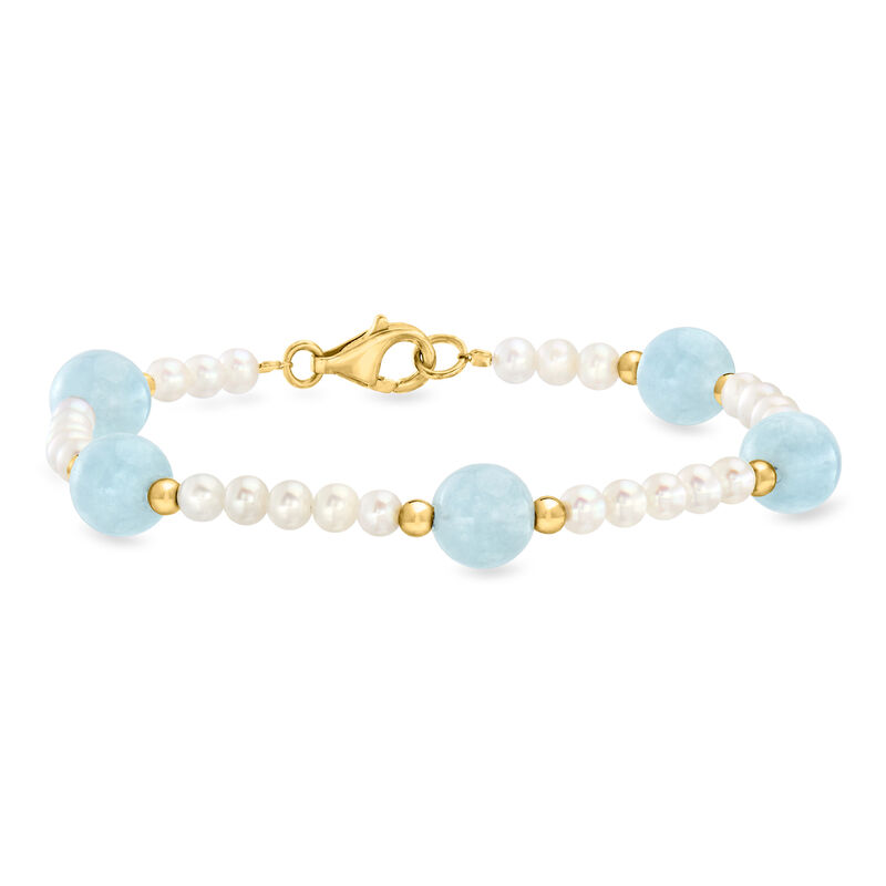 4mm Cultured Pearl and 19.00 ct. t.w. Milky Aquamarine Bead Station Bracelet with 18kt Gold Over Sterling image number 0