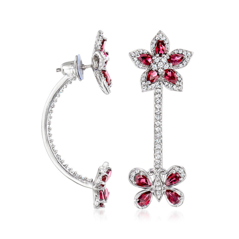 4.20 ct. t.w. Rhodolite Garnet and 1.90 ct. t.w. White Zircon Flower and Butterfly Drop Earrings in Sterling Silver  image number 0