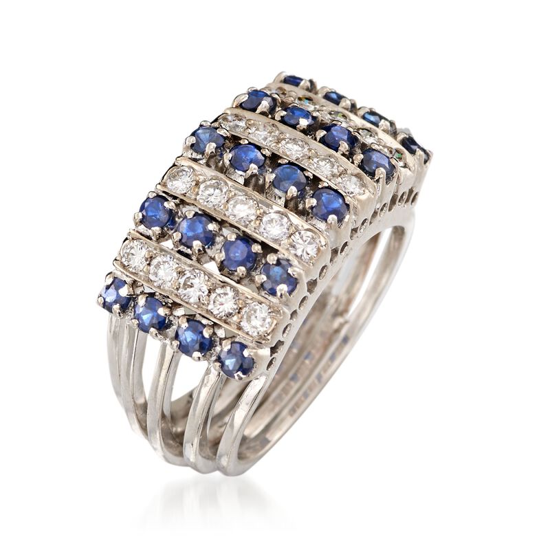 C. 1970 Vintage 1.00 ct. t.w. Sapphire and .60 ct. t.w. Diamond Ring in 18kt White Gold. Size 6.5 image number 2