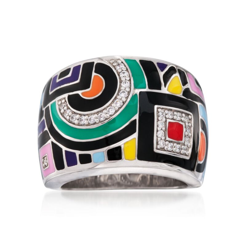 Belle Etoile &quot;Geometrica&quot; Multicolored Enamel and .15 ct. t.w. CZ Ring in Sterling Silver. Size 7 image number 0