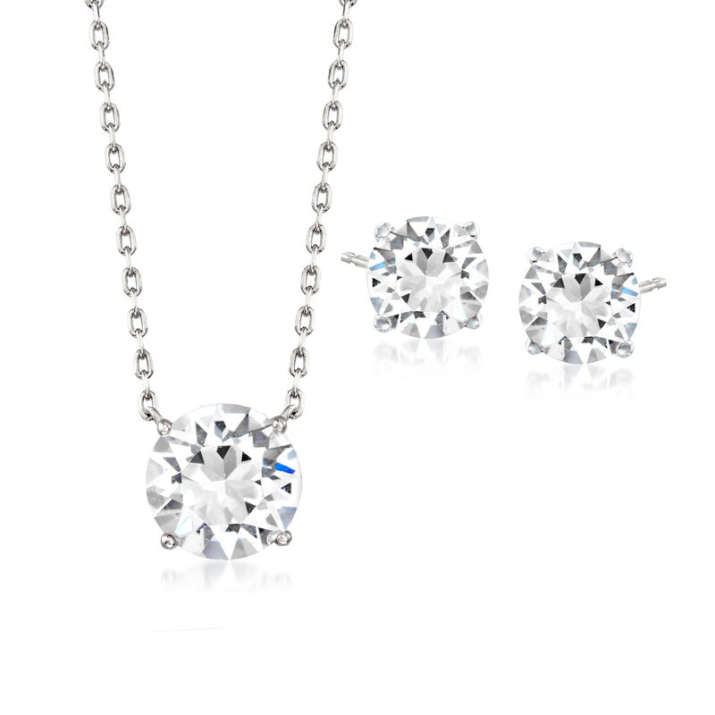 Jewelry Set: White Swarovski Crystal  Necklace and Earrings in Sterling Silver. 16&quot; image number 1