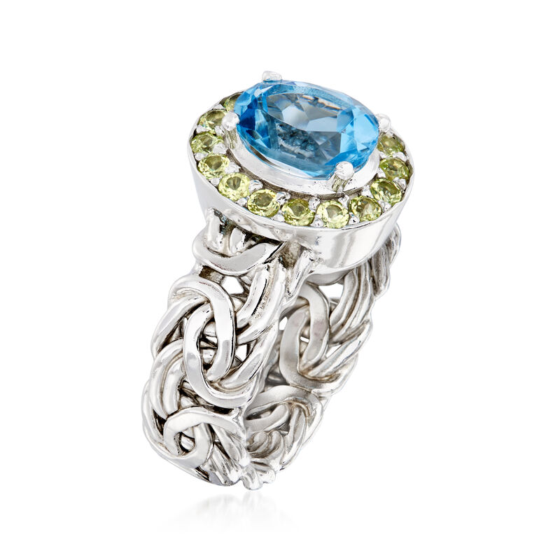 2.20 Carat Blue Topaz and .50 ct. t.w. Peridot Byzantine Ring in Sterling Silver image number 2