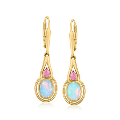 Ethiopian Opal and .30 ct. t.w. Pink Tourmaline Drop Earrings in 18kt Gold Over Sterling Ethiopian Opal and .30 ct. t.w. Pink Tourmaline Drop Earrings in 18kt Gold Over Sterling
