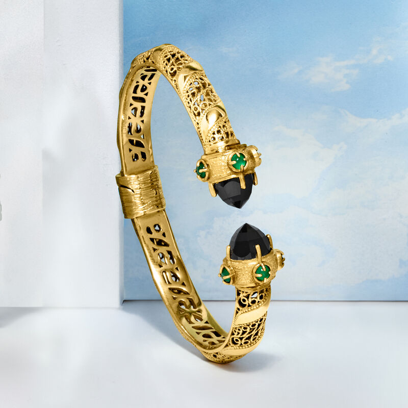Black Agate Cuff Bracelet with Green Chalcedony in 18kt Gold Over Sterling image number 2