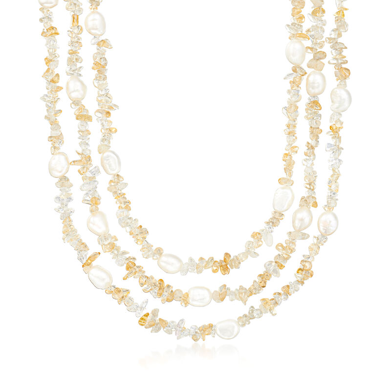 105.00 ct. t.w. Citrine Bead and 6.5-9.5mm Cultured Pearl Torsade Necklace with Sterling Silver. 18" image number 1