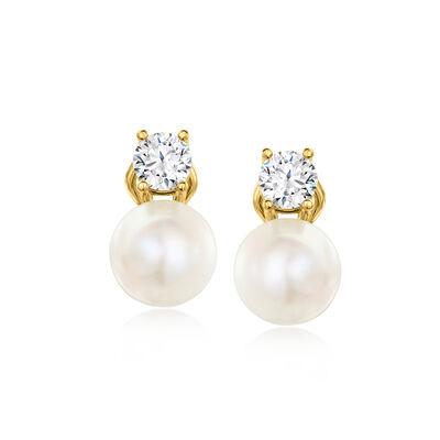 Italian 10.5-11mm Cultured Pearl and 1.50 ct. t.w. CZ Drop Earrings in 18kt Gold Over Sterling