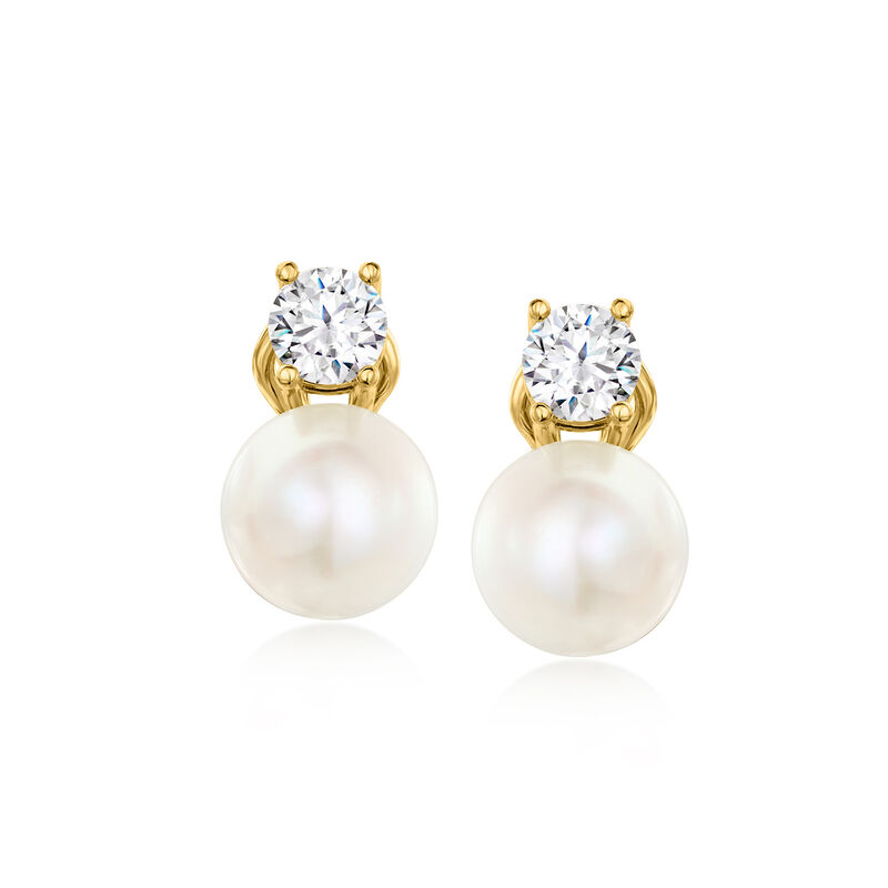 Italian 10.5-11mm Cultured Pearl and 1.50 ct. t.w. CZ Drop Earrings in 18kt Gold Over Sterling  image number 0