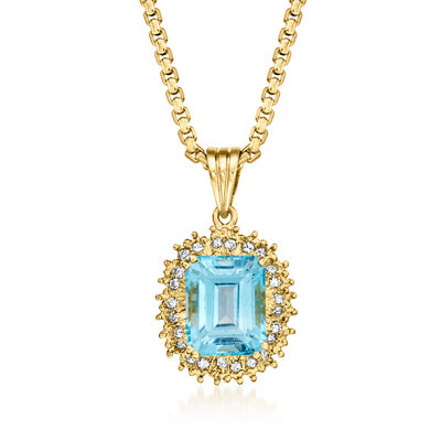 C. 1990 Vintage 4.40 Carat Sky Blue Topaz and .25 ct. t.w. Diamond Pendant Necklace in 18kt Yellow Gold