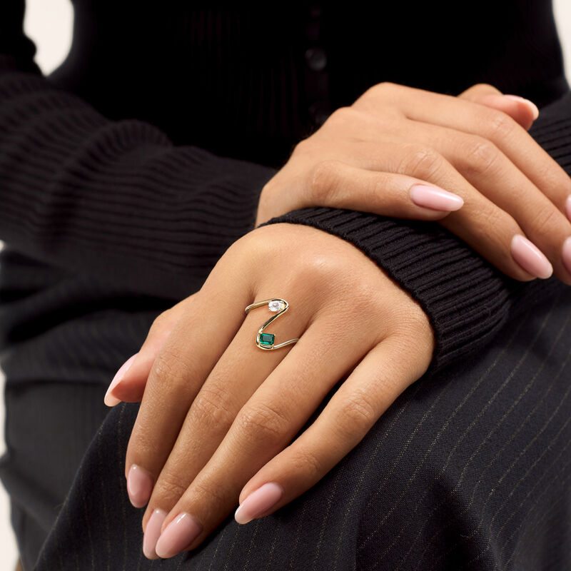 .20 Carat Lab-Grown White Sapphire and .20 Carat Lab-Grown Emerald Wavy Ring in 10kt Yellow Gold image number 1