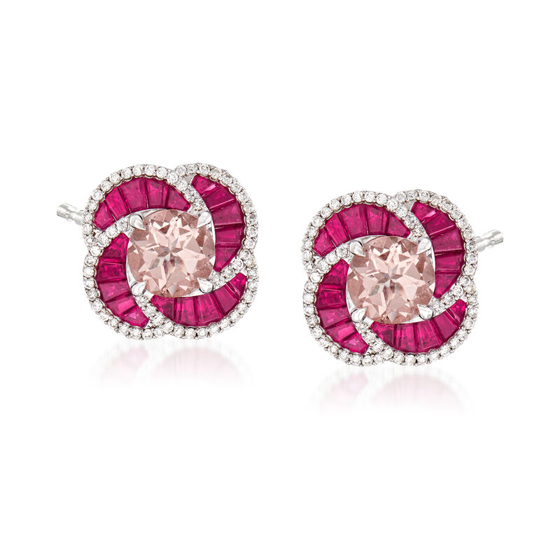 2.40 ct. t.w. Morganite and 1.90 ct. t.w. Ruby and .45 ct. t.w. Diamond Earrings in 14kt White Gold image number 0