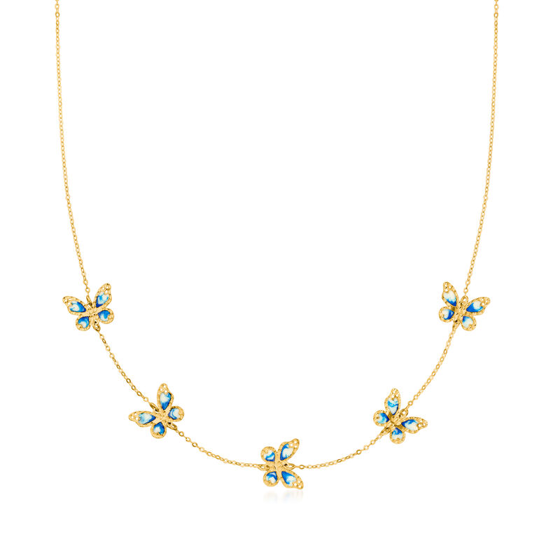 Italian Blue and White Enamel Butterfly Station Necklace in 14kt Yellow Gold image number 0