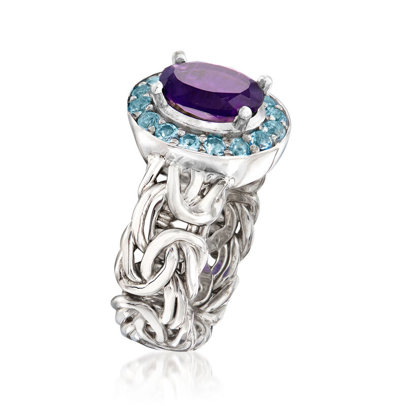 1.60 Carat Amethyst and .60 ct. t.w. Sky Blue Topaz Byzantine Ring in Sterling Silver image number 2