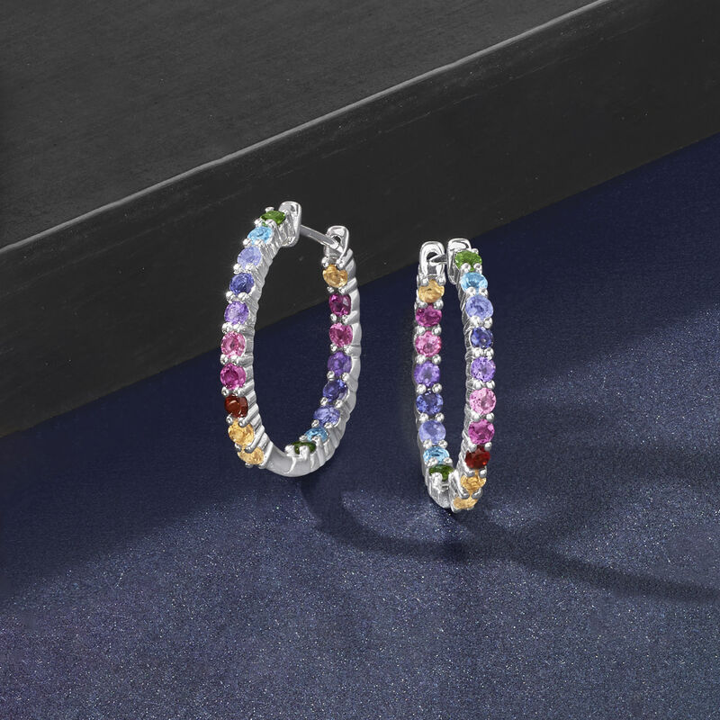 1.80 ct. t.w. Multi-Gem Hoop Earrings in Sterling Silver. 1&quot; image number 2