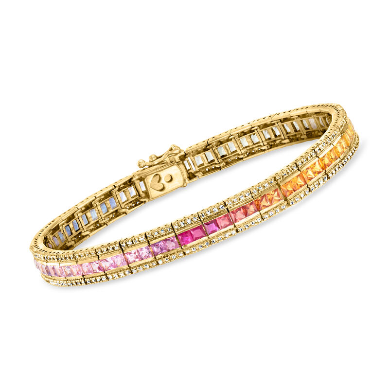 C. 1990 Vintage 7.20 ct. t.w. Multicolored Sapphire and 1.25 ct. t.w. Diamond Bracelet in 14kt Yellow Gold. 7&quot; image number 0