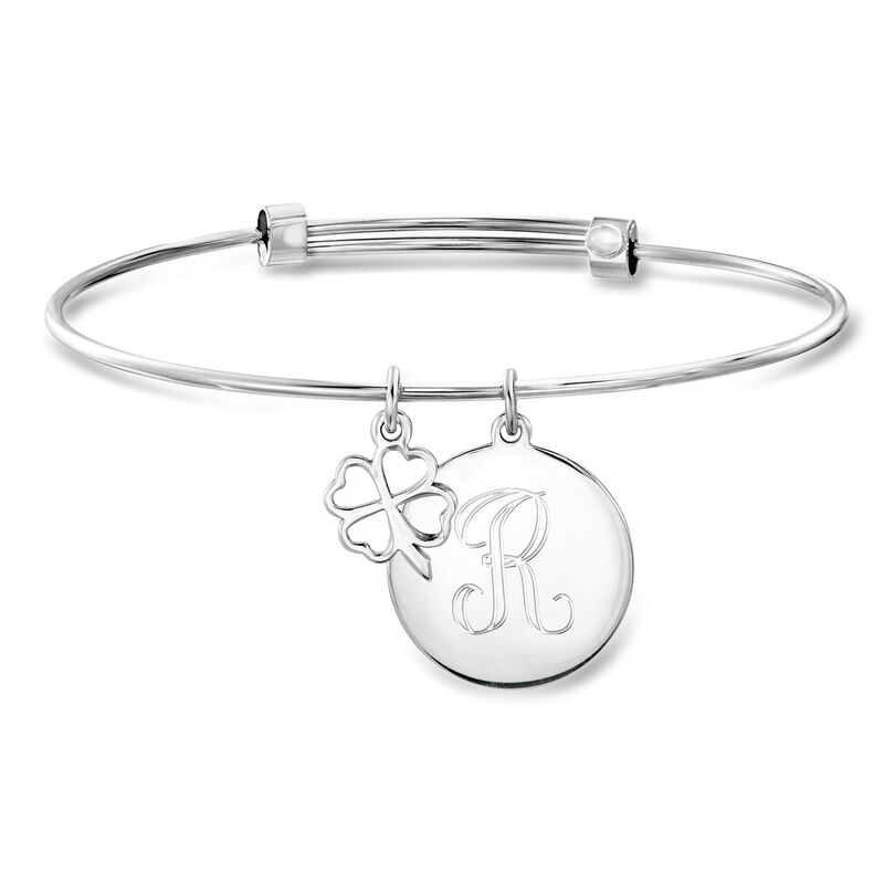 Sterling Silver Personalized Disc Bangle Bracelet with Clover Charm image number 0