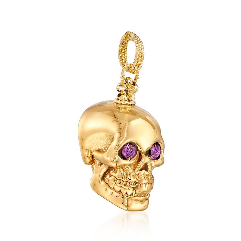 Italian 14kt Yellow Gold Skull Pendant with Purple Eyes image number 2