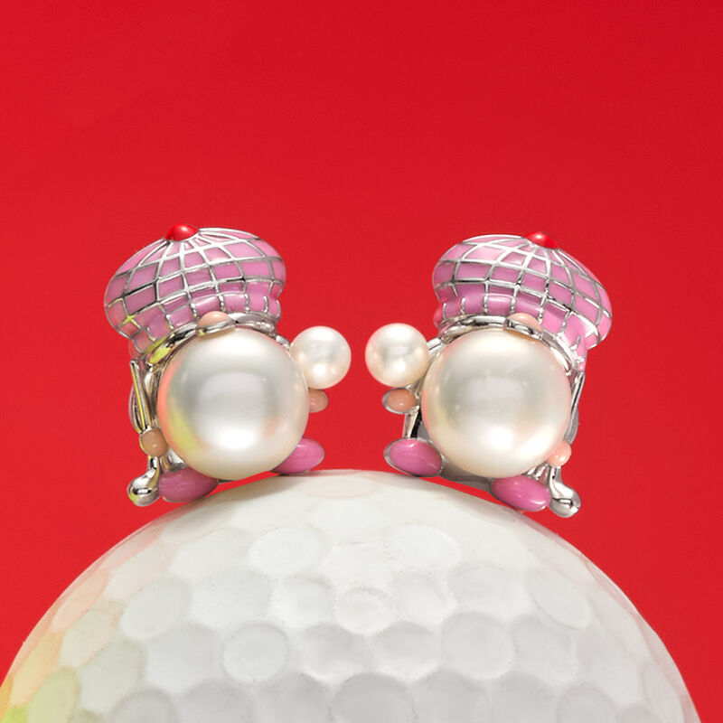 3.5-8.5mm Cultured Pearl and Multicolored Enamel Golfer Gnome Earrings in Sterling Silver  image number 3