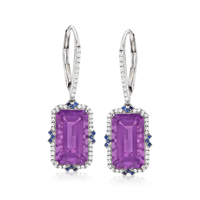 7.75 ct. t.w. Amethyst and .25 ct. t.w. Diamond Drop Earrings with Sapphire Accents in 14kt White Gold image number 0