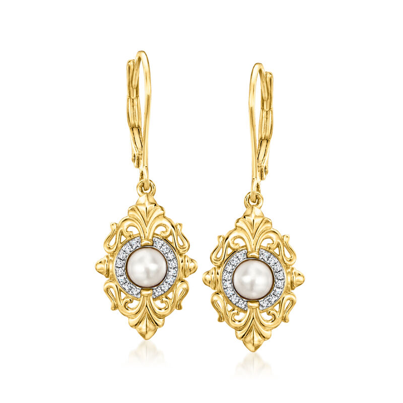 4.5-5mm Cultured Pearl Drop Earrings with Diamonds in 18kt Gold Over Sterling image number 0