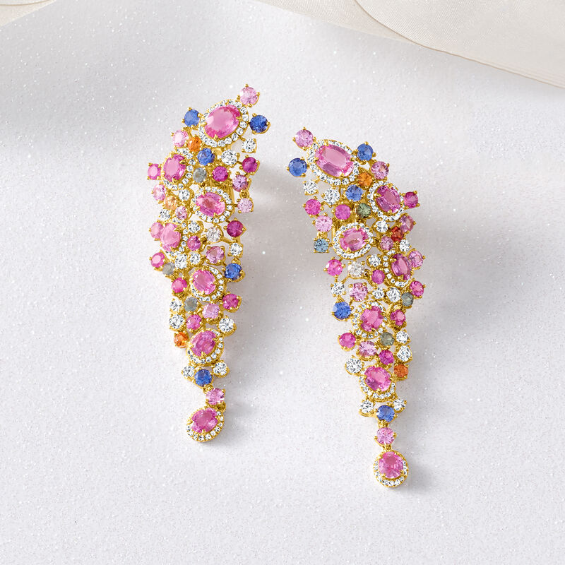 13.45 ct. t.w. Multicolored Sapphire and 2.30 ct. t.w. Diamond Drop Earrings in 18kt Yellow Gold image number 3