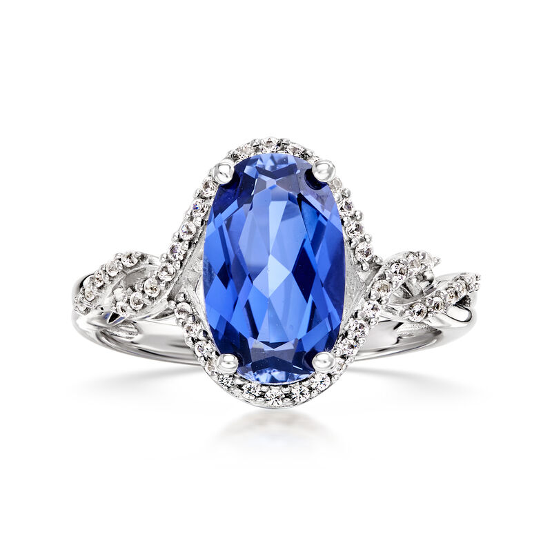 3.40 Carat Lab-Grown Sapphire Ring with .20 ct. t.w. Lab-Grown White Sapphires in Sterling Silver image number 0