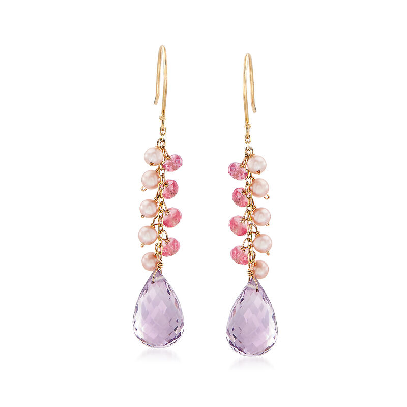 14.00 ct. t.w. Amethyst Drop Earrings with Pink Sapphire and Cultured Pearl Clusters in 14kt Yellow Gold image number 0
