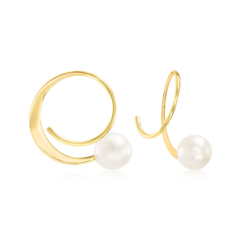 5.5-6mm Cultured Pearl Spiral Hoop Earrings in 14kt Yellow Gold. 5/8" image number 0