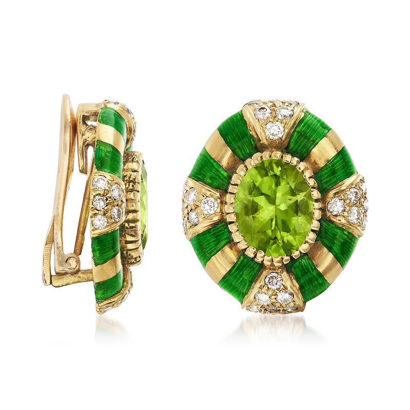C. 1980 Vintage 5.00 ct. t.w. Peridot and 1.00 ct. t.w. Diamond Earrings in 14kt Yellow Gold image number 2