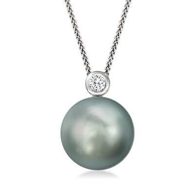 11-12mm Black Cultured Tahitian Pearl Pendant Necklace with Single Diamond in 18kt White Gold