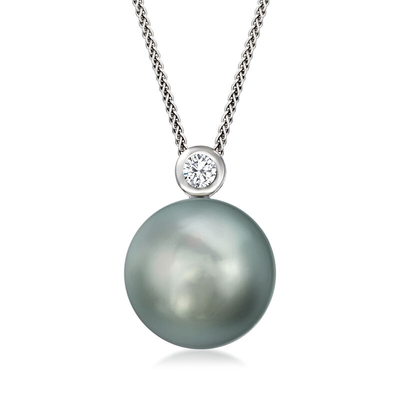 11-12mm Black Cultured Tahitian Pearl Pendant Necklace with Single Diamond in 18kt White Gold. 18&quot; image number 0