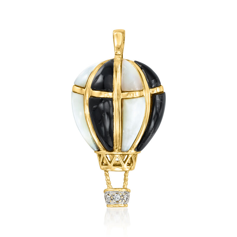C. 1980 Vintage Onyx and Mother-of-Pearl Hot Air Balloon Pin/Pendant with Diamonds in 14kt Yellow Gold  image number 0