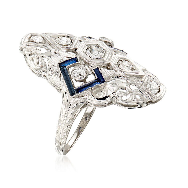 C. 1990 Vintage .55 ct. t.w. Diamond and .33 ct. t.w. Simulated Sapphire Filigree Ring in 18kt White Gold. Size 7.75 image number 2