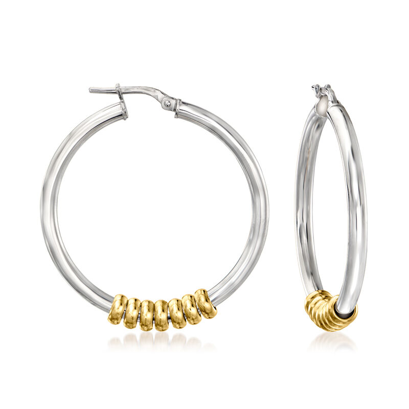 Italian 3mm Two-Tone Sterling Silver Removable Bead Hoop Earrings. 1 1/2&quot; image number 0