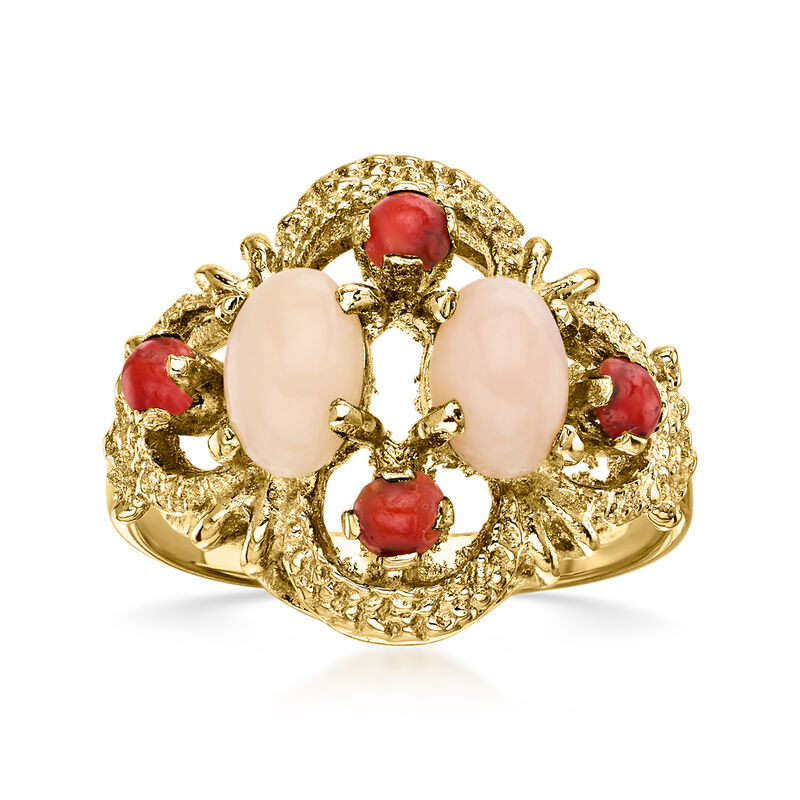 C. 1960 Vintage Pink and Red Coral Ring in 14kt Yellow Gold. Size 5 image number 0