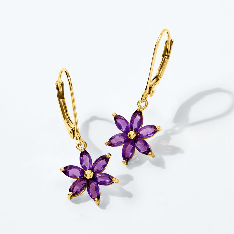 1.60 ct. t.w. Amethyst Flower Drop Earrings in 18kt Gold Over Sterling image number 3