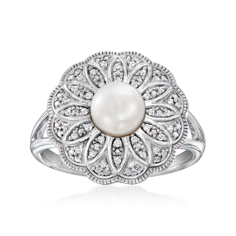 6-6.5mm Cultured Pearl and .10 ct. t.w. Diamond Milgrain Ring in Sterling Silver image number 0