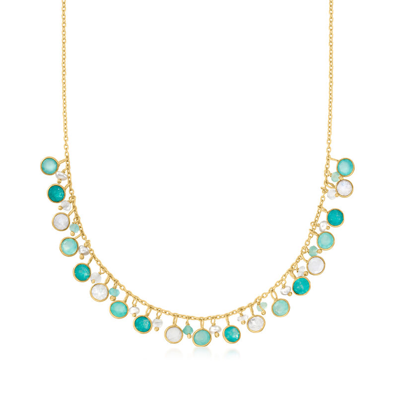 3-4mm Cultured Pearl and 4.10 ct. t.w. Multi-Gemstone Necklace with Blue Chalcedony and Moonstone in 18kt Gold Over Sterling. 18&quot; image number 1