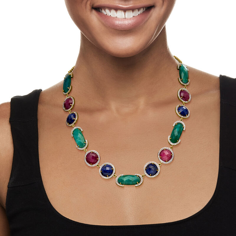 110.00 ct. t.w. Multi-Gemstone and 4.50 ct. t.w. White Topaz Frame Necklace in 18kt Gold Over Sterling. 18&quot; image number 0